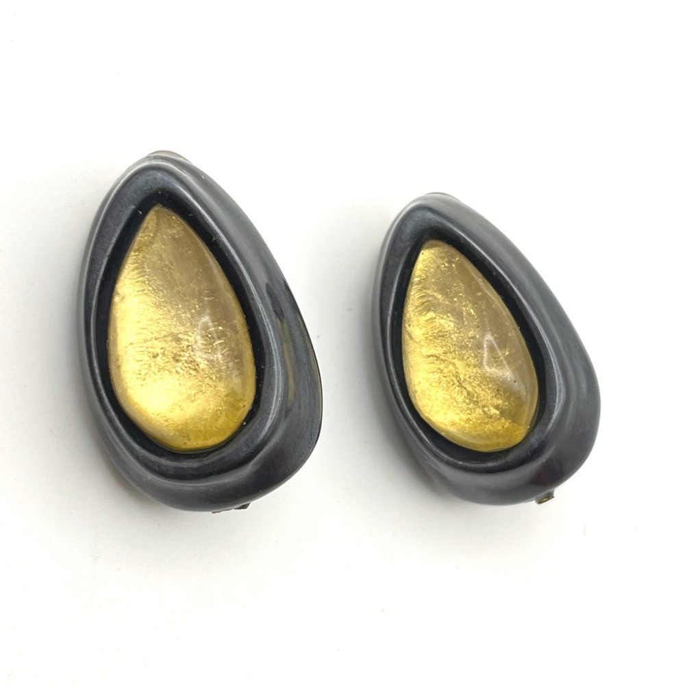 Dominique Denaive Tom and Emma Black Amber Resin Clip On Earrings French Rare